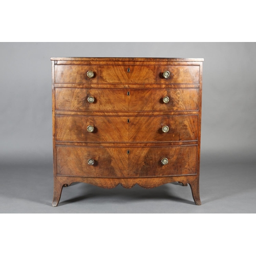 484 - AN EARLY 19TH CENTURY MAHOGANY BOW FRONTED CHEST OF FOUR GRADUATED DRAWERS, boxwood stringing, gilt ... 