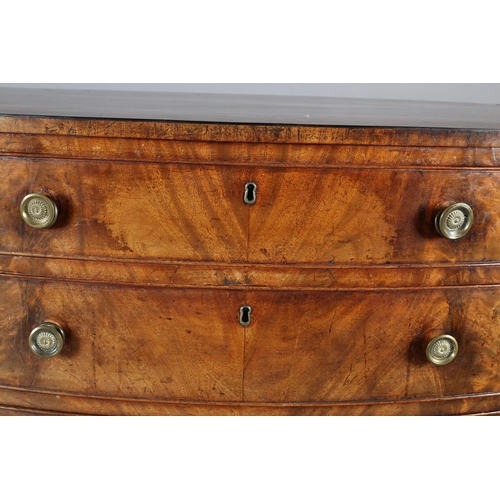 484 - AN EARLY 19TH CENTURY MAHOGANY BOW FRONTED CHEST OF FOUR GRADUATED DRAWERS, boxwood stringing, gilt ... 