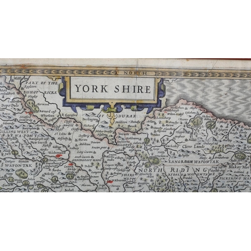 203 - JOHN SPEEDE (1552-1629) YORKSHIRE circa 1610 double page, engraved and hand-tinted, with coat of arm... 