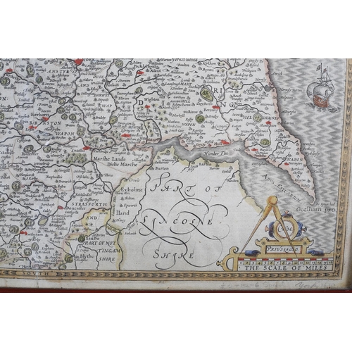 203 - JOHN SPEEDE (1552-1629) YORKSHIRE circa 1610 double page, engraved and hand-tinted, with coat of arm... 