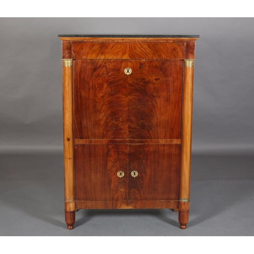 491 - A CONTINENTAL WALNUT SECRETAIRE-A-ABBATANT with black marble surface, having a frieze drawer above a... 