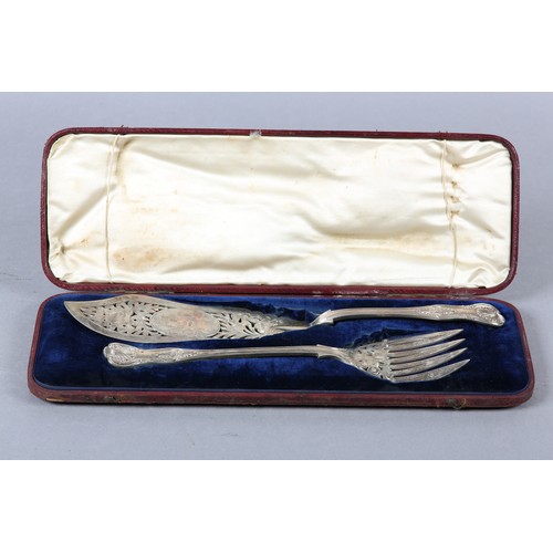 320 - A VICTORIAN SILVER SET OF FISH EATERS, London 1855 for John James Whiting, Kings pattern, the fork w... 