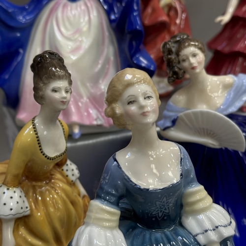 121 - A collection of six Royal Doulton figures of ladies including, Top O' the Hill, Elaine, Sara, etc