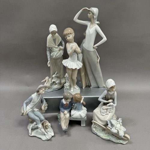 144 - Two Lladro figures and four Nao examples, Looking at the Horizon, Shepherd Boy and Girl with Wheelba... 