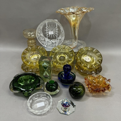 135 - A collection of art glass comprising an amber and clear fluted centrepiece having gilt inclusions of... 