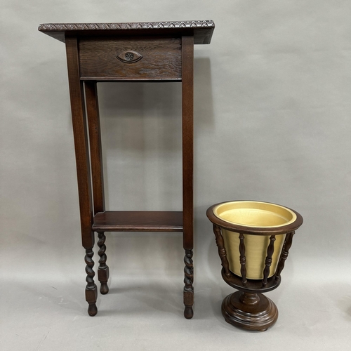 296 - An oak jardinière stand on barley twist legs, 48cm x 26cm and a wine cooler with liner