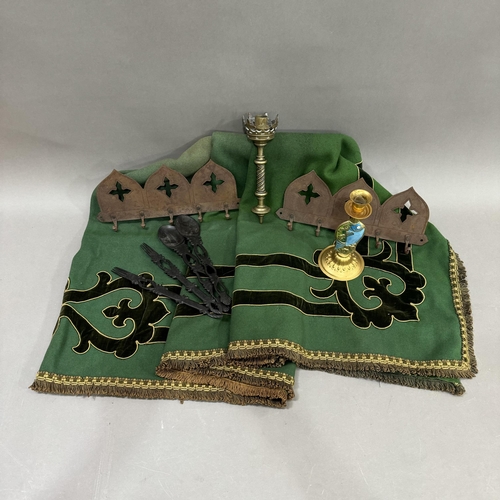 149 - A green altar cloth applied with dark green velvet, with gilt thread, two metal wall racks, a brass ... 