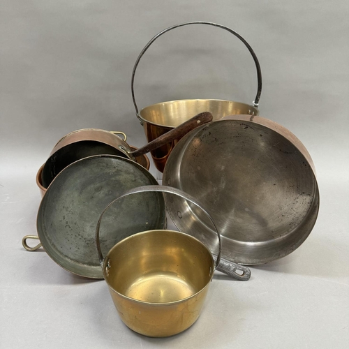 176 - A large copper saucepan, another smaller stamped Lowther and another, a copper fish kettle and two j... 