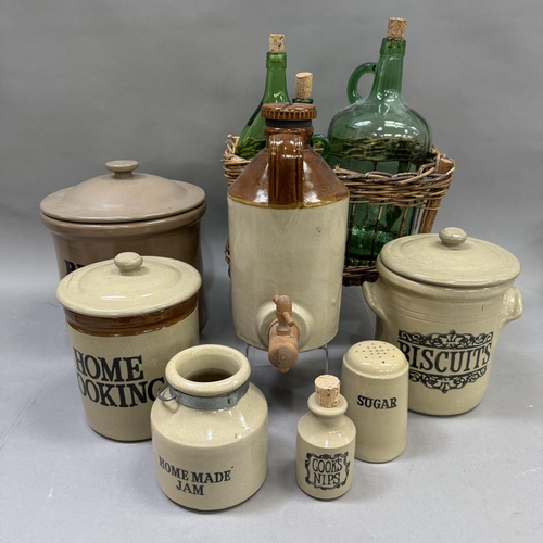 177 - Three green glass flagons with cork together with salt glazed  stoneware kitchenalia