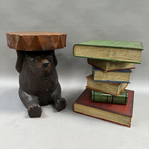 316 - A wooden table carved as a bear holding a tray, 45cm high together with a table formed of books, 41c... 