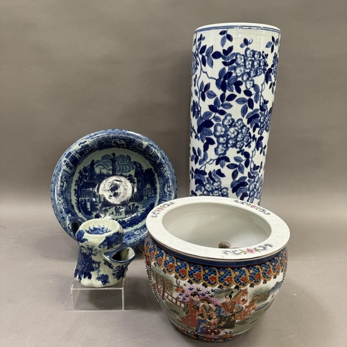 181 - A blue and white ceramic umbrella stand 45cm high, a Japanese fish bowl enamelled with figures 20cm ... 