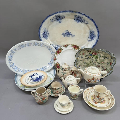 55 - A Bunnykins teapot, plates, jugs together with large oval meat plates, A Royal Albert plate etc