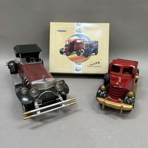 134 - A model of a Mercedes Benz 1920, a model of a Studebaker K-Model Indiana 1936, Corgi Bass Model T va... 