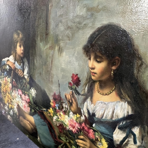 255 - After Alexei Harlamoff Two slavic girls with flowers, oil on board and another oil on board depictin... 