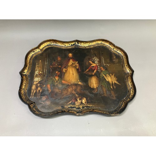 232 - A 19th century papier-mache tray by William Burton of Oxford Street London, painted with an interior... 