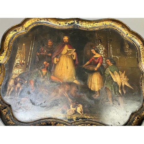 232 - A 19th century papier-mache tray by William Burton of Oxford Street London, painted with an interior... 