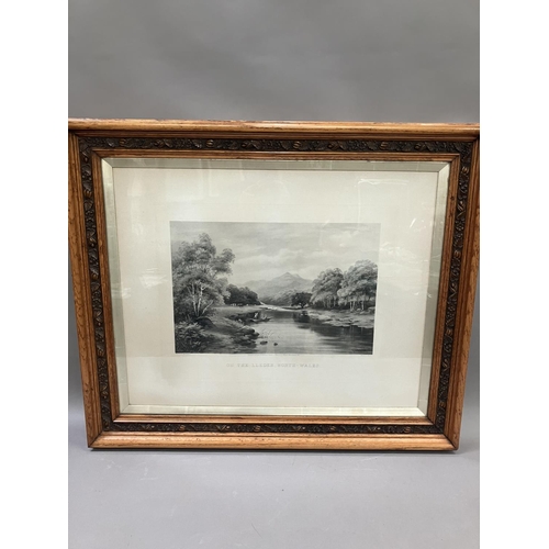 86 - After Harold Lawes, (1865-1940) On the Lleder, North-Wales, engraving, in carved oak frame, 54.5cm x... 