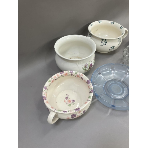 50 - Four ceramic chamber pots, a glass serving dish, a glass dessert dish and another