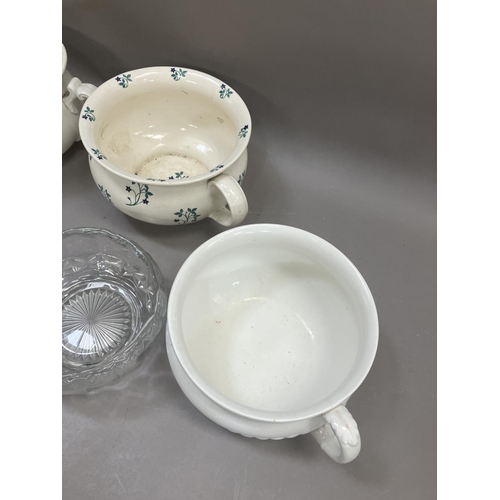 50 - Four ceramic chamber pots, a glass serving dish, a glass dessert dish and another