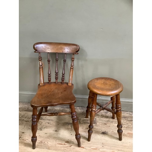 82 - A mahogany kitchen chair on turned legs together with a stool