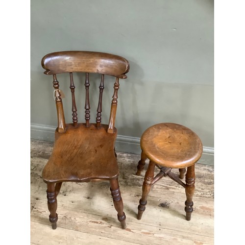 82 - A mahogany kitchen chair on turned legs together with a stool