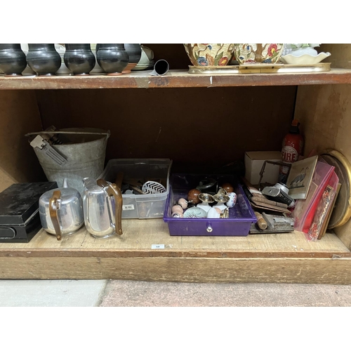 58 - A collection of door furniture, a galvanised bucket, collection of tools, prints etc