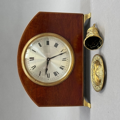 8 - An Edwardian mahogany mantel clock inlaid with box wood and ebony stringing, arched profile on brass... 