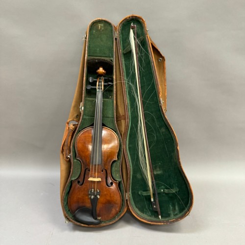 199 - An early 20th century German violin stamped D.R.G.M 728940, 59cm in case with bow