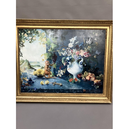 147 - An 18th century style Still Life with small Monkey, oil on canvas signed V. Le Grand, 75cm x 99cm