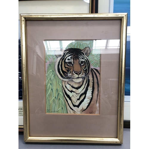 185 - Rosalind Baldwin, Tiger, gouache on paper, signed lower right, 20cm x 15cm, a print by Neil Simone, ... 