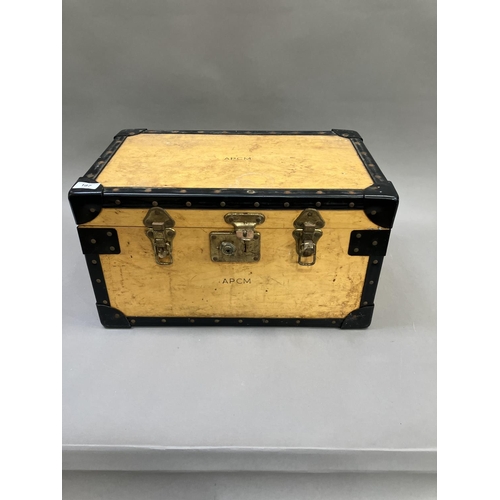 187 - A metal bound Tuck box printed AMC with internal drawer, 51cm x 28cm