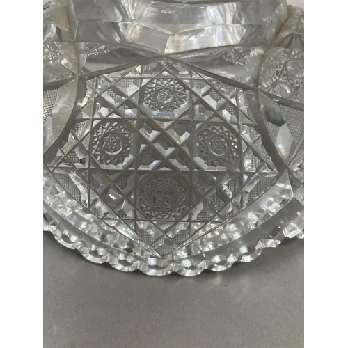 204 - A 19th century glass tazza having wheel cut decoration, on a domed base, 30cm high x 37cm diameter