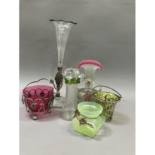 207 - A collection of 19th century and later coloured glass including a twin handled vase with applied flo... 