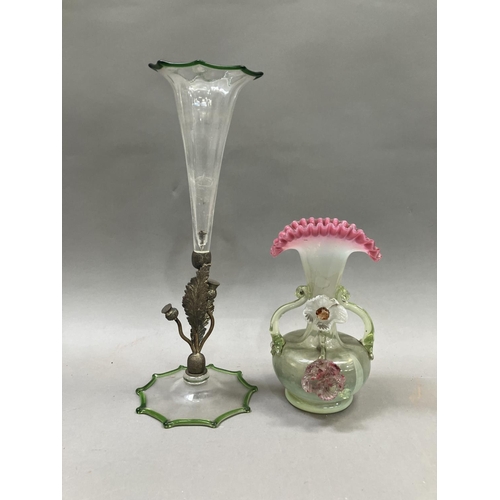 207 - A collection of 19th century and later coloured glass including a twin handled vase with applied flo... 