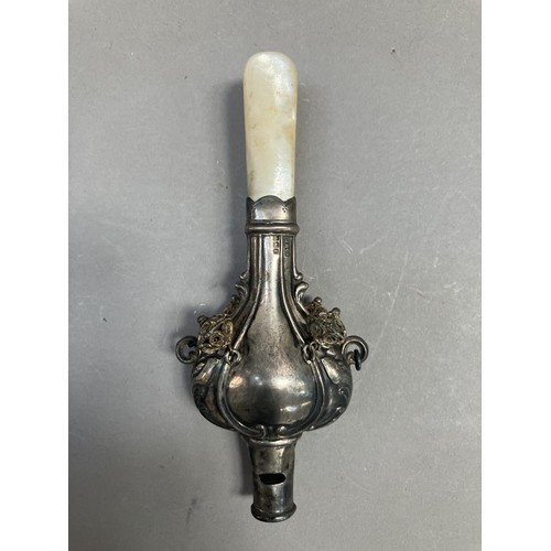 248 - A child's silver and mother of pearl rattle with whistle, Birmingham 1914, Sydney & Co