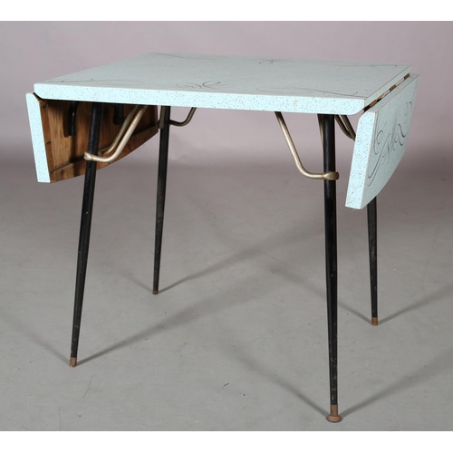 111 - A duck blue and grey speckled formica drop leaf dining table, rectangular with ribbon pattern border... 