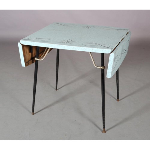 111 - A duck blue and grey speckled formica drop leaf dining table, rectangular with ribbon pattern border... 