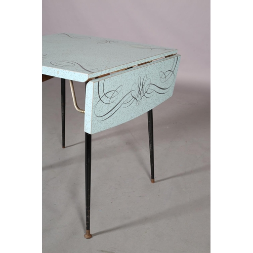 111 - A duck blue and grey speckled formica drop leaf dining table, rectangular with ribbon pattern border... 