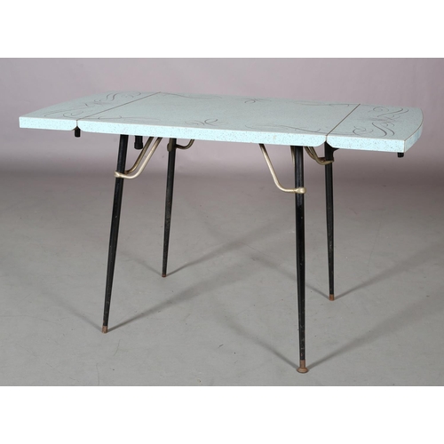 111 - A duck blue and grey speckled formica drop leaf dining table, rectangular with ribbon pattern border... 