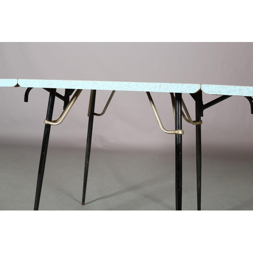 111 - A duck blue and grey speckled formica drop leaf dining table, rectangular with ribbon pattern border... 