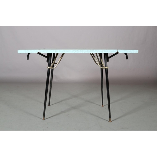 111 - A duck blue and grey speckled formica drop leaf dining table, rectangular with ribbon pattern border... 