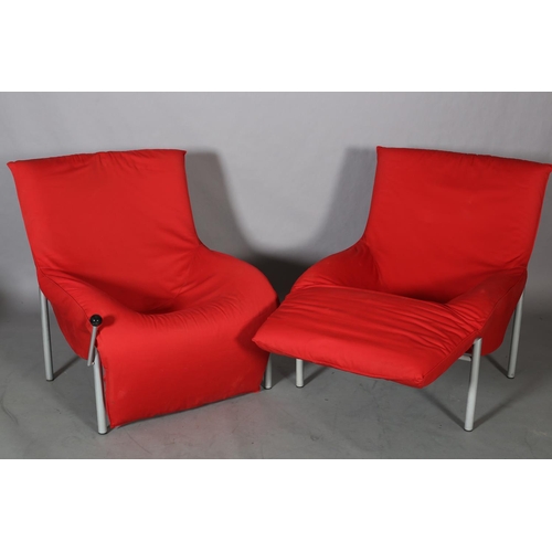 122 - Ikea, Sweden, a pair of Romme reclining chairs, c1980s, upholstered in red fabric, on grey metal fra... 