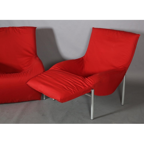 122 - Ikea, Sweden, a pair of Romme reclining chairs, c1980s, upholstered in red fabric, on grey metal fra... 