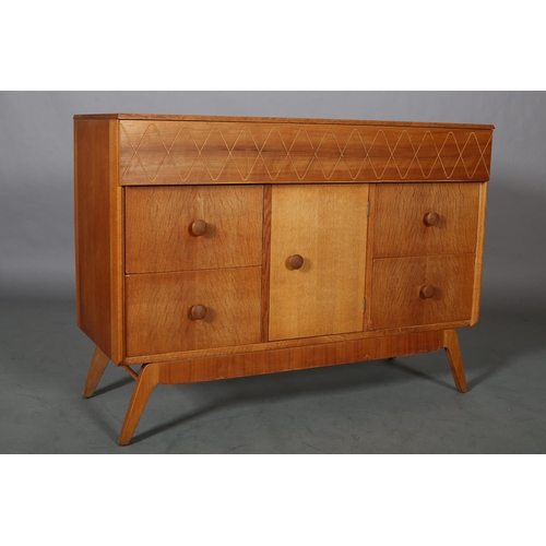 114 - An oak and walnut veneered cabinet having a frieze drawer with incised running wave band design, ove... 