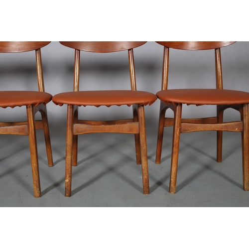 75 - A set of four Danish teak dining chairs, c1960s, in the style of Hans Wegner, having a curved bar to... 