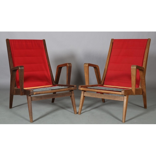 130 - A pair of Czechoslovakian oak armchair with bentwood arm, sprung back and seat, red fabric cover to ... 