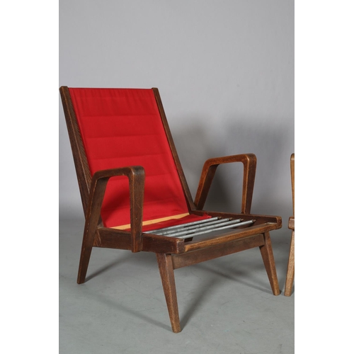 130 - A pair of Czechoslovakian oak armchair with bentwood arm, sprung back and seat, red fabric cover to ... 