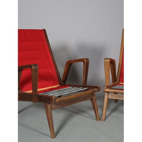 130 - A pair of Czechoslovakian oak armchair with bentwood arm, sprung back and seat, red fabric cover to ... 