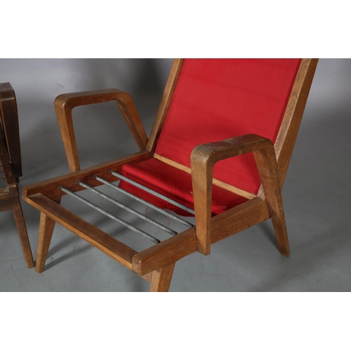 130 - A pair of Czechoslovakian oak armchair with bentwood arm, sprung back and seat, red fabric cover to ... 