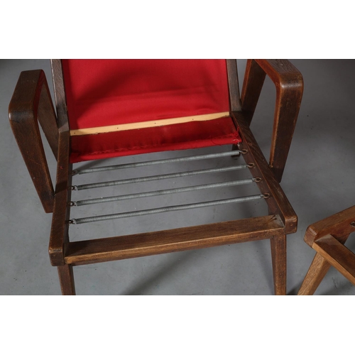 130 - A pair of Czechoslovakian oak armchair with bentwood arm, sprung back and seat, red fabric cover to ... 